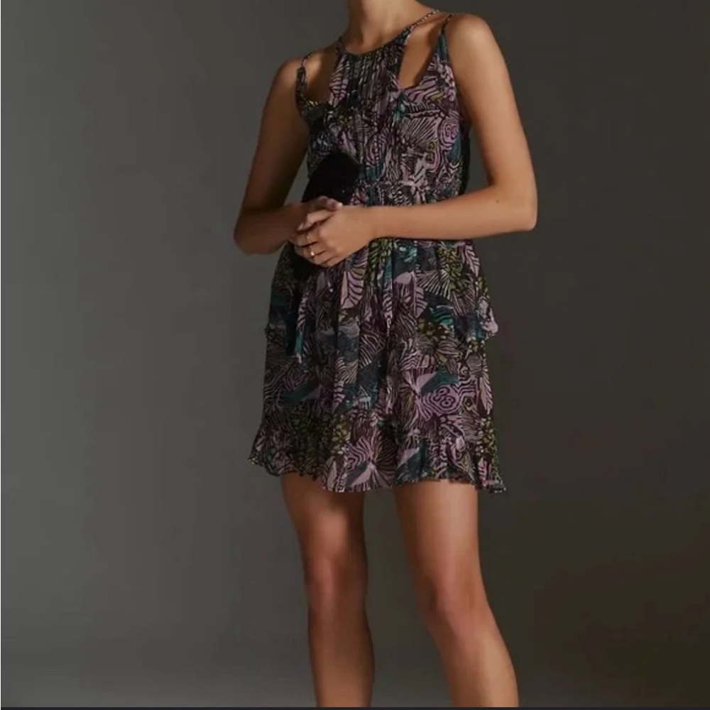By Anthropologie Cutout Mini Dress-Purple Motif-Small ruffled chiffon S summer